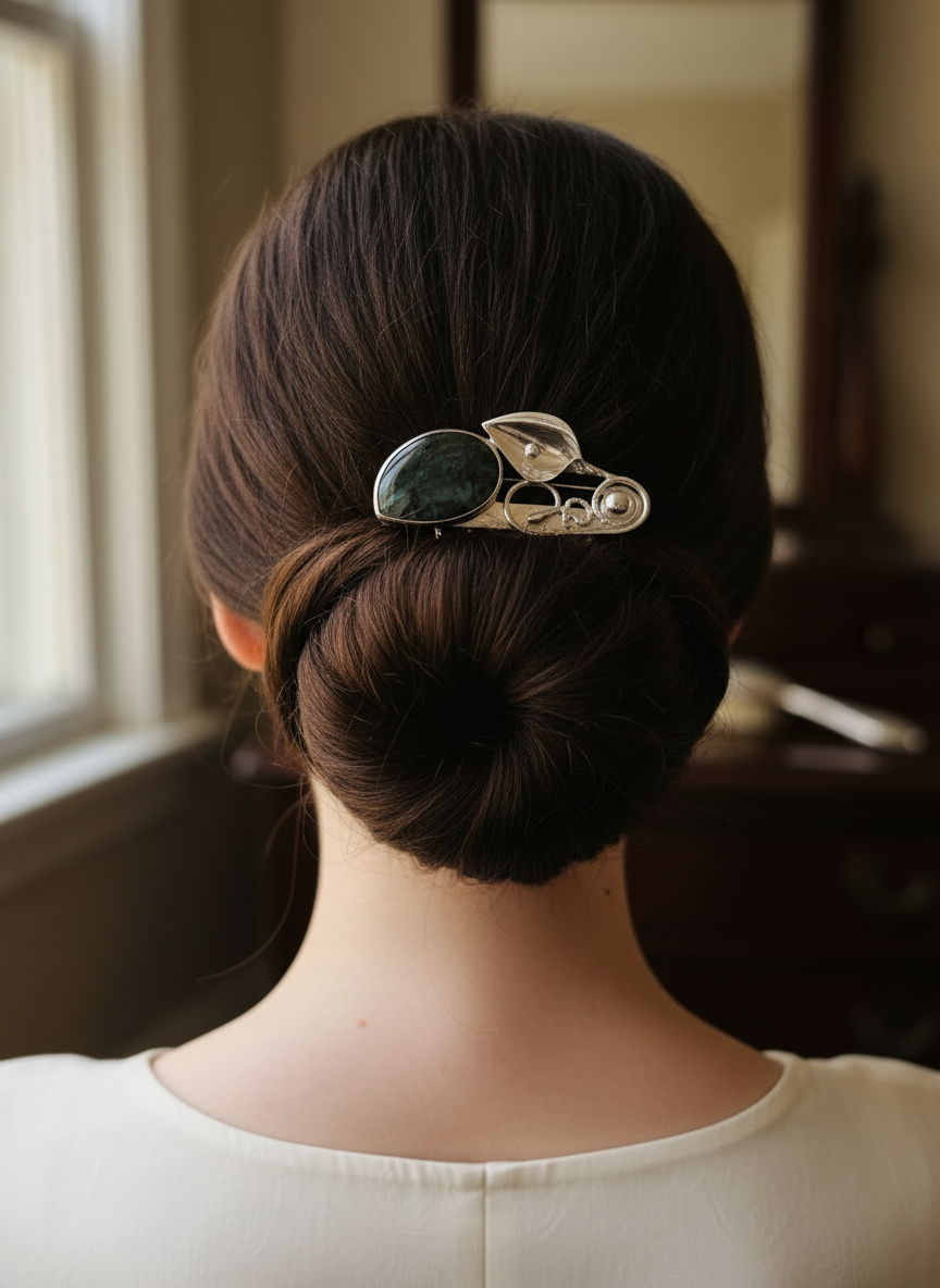 Hair comb silver plated with moss agate stone