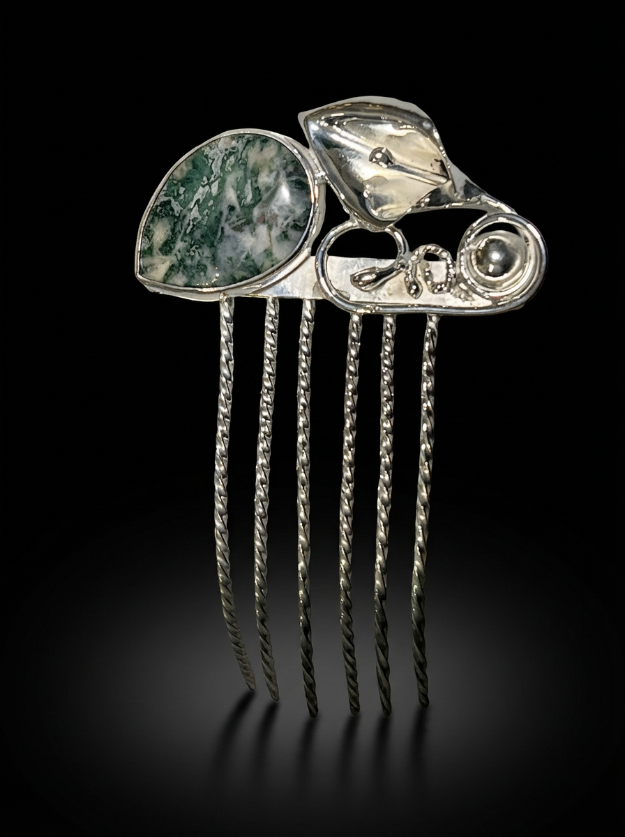 Hair comb silver plated with moss agate stone
