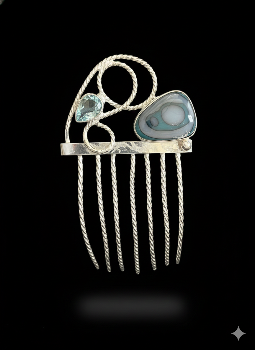 Hair comb silver plated with blue/white dichroic glass