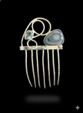 Hair comb silver plated with blue/white dichroic glass