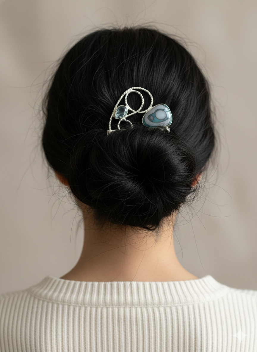 Hair comb silver plated with blue/white dichroic glass
