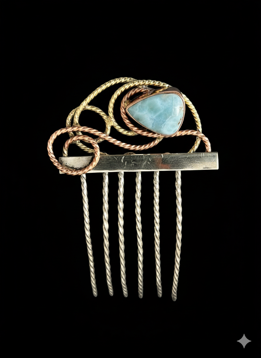 Hair comb mixed metals with larimar stone