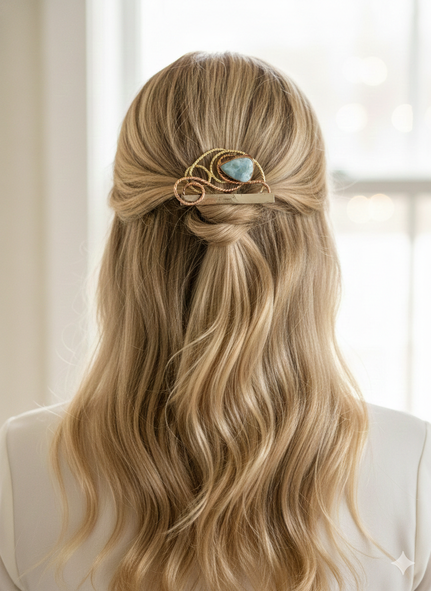 Hair comb mixed metals with larimar stone