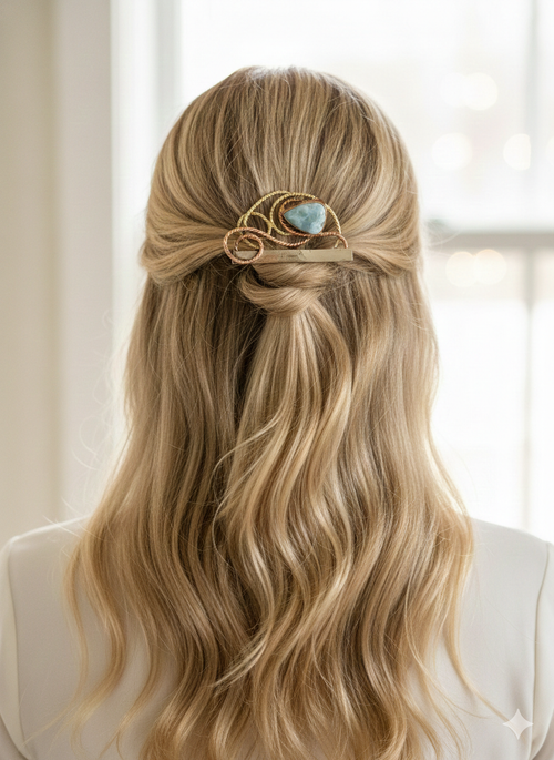 Hair comb mixed metals with larimar stone