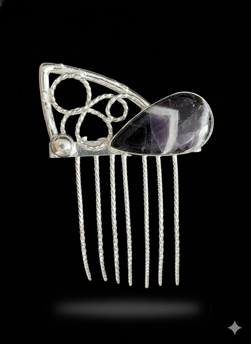 Hair comb silver plated with amethyst stone