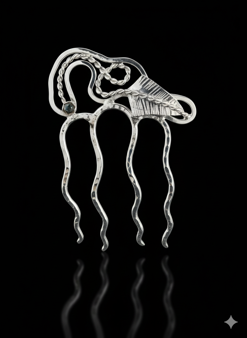 Hair comb, silver plated with labradorite bead