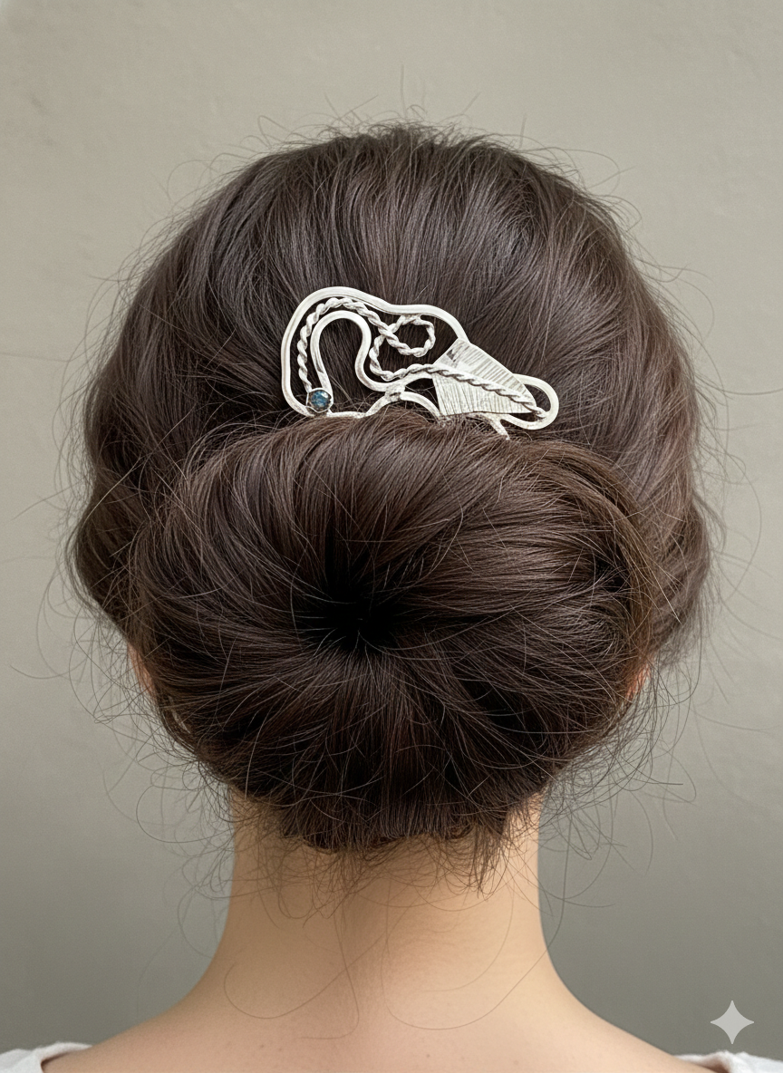 Hair comb, silver plated with labradorite bead