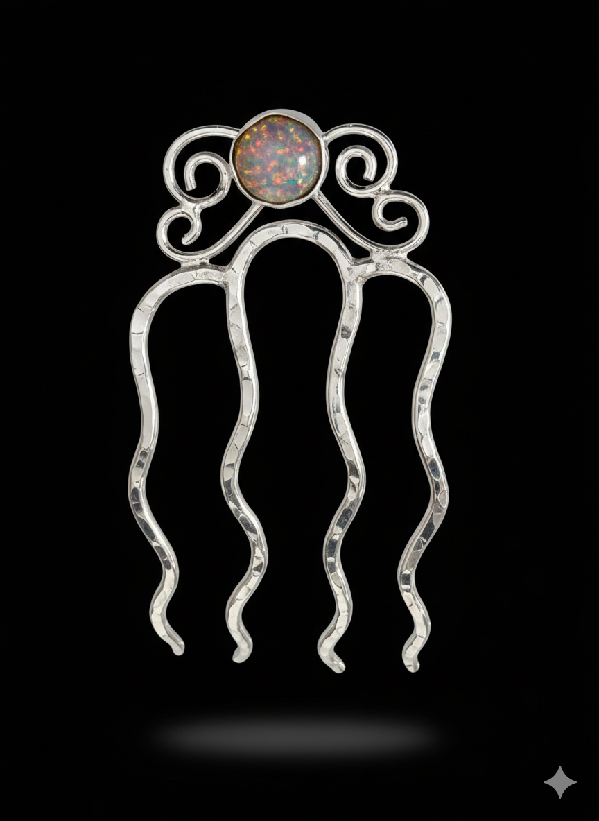 Hair comb in silver plated with simulated opal