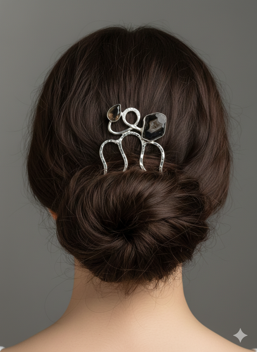 Hair comb with druzy quartz and smoky faceted glass