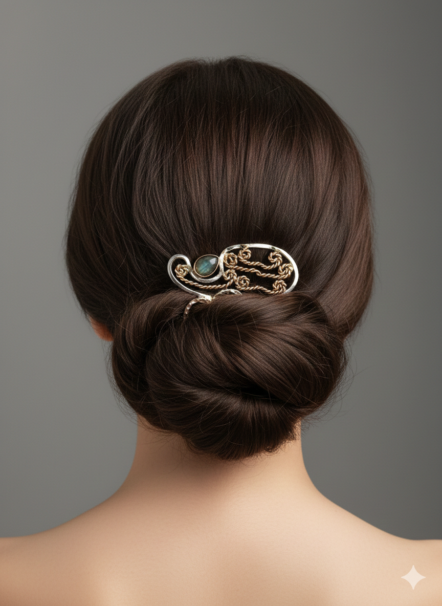 Hair comb 4 prongs with labradorite