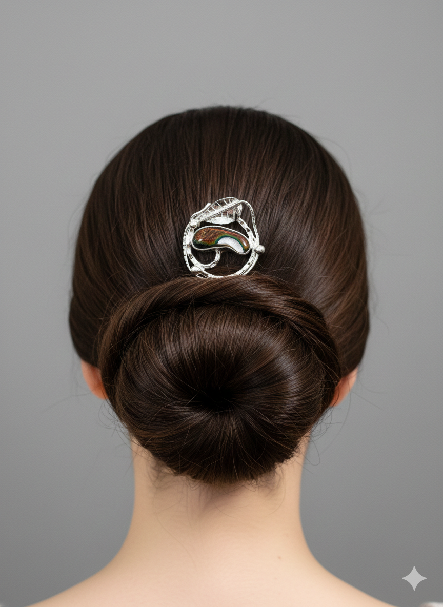 Small hair screw, silver plated with handmade dichroic glass