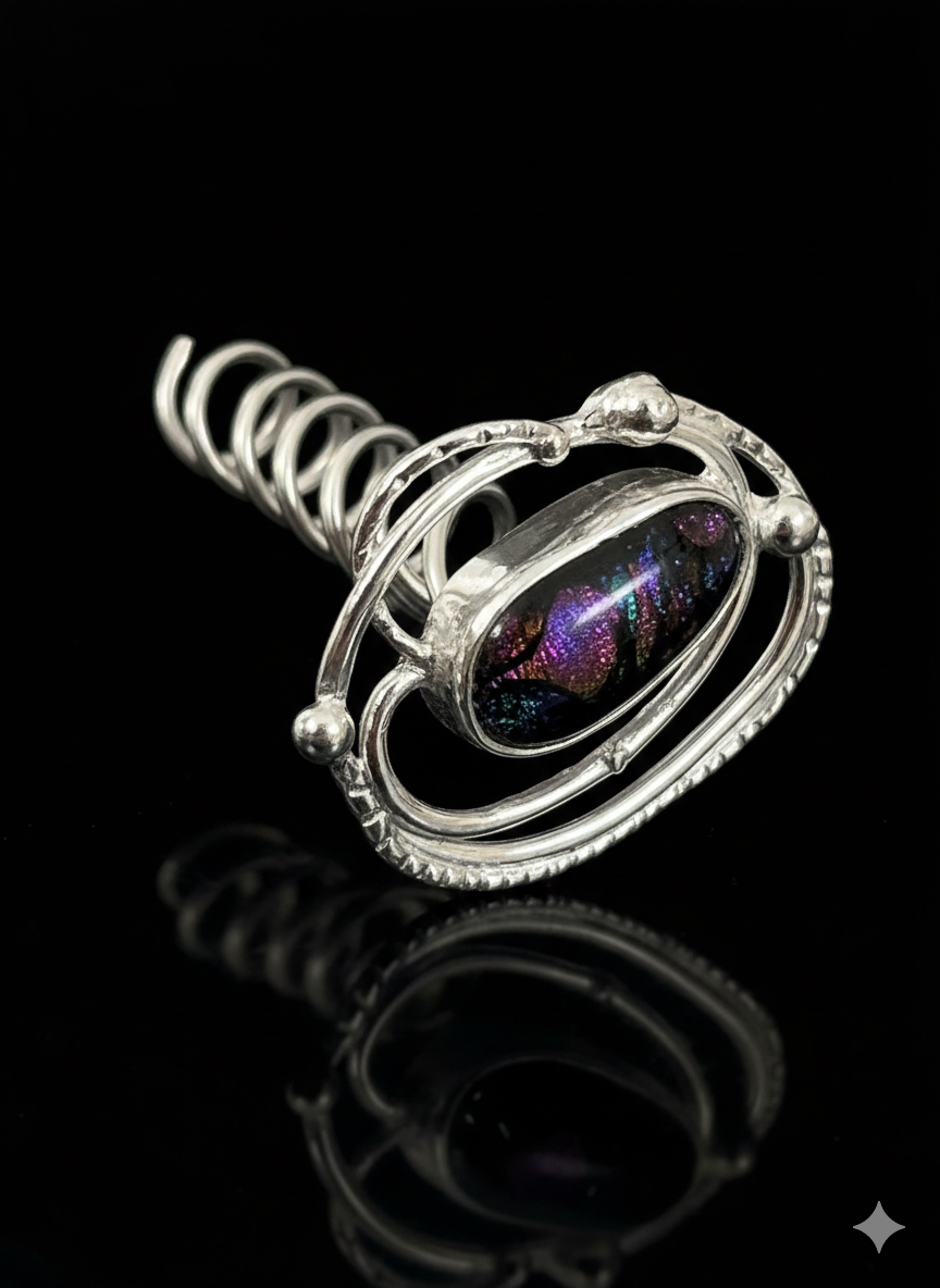 Small hair screw, silver plated with handmade dichroic glass