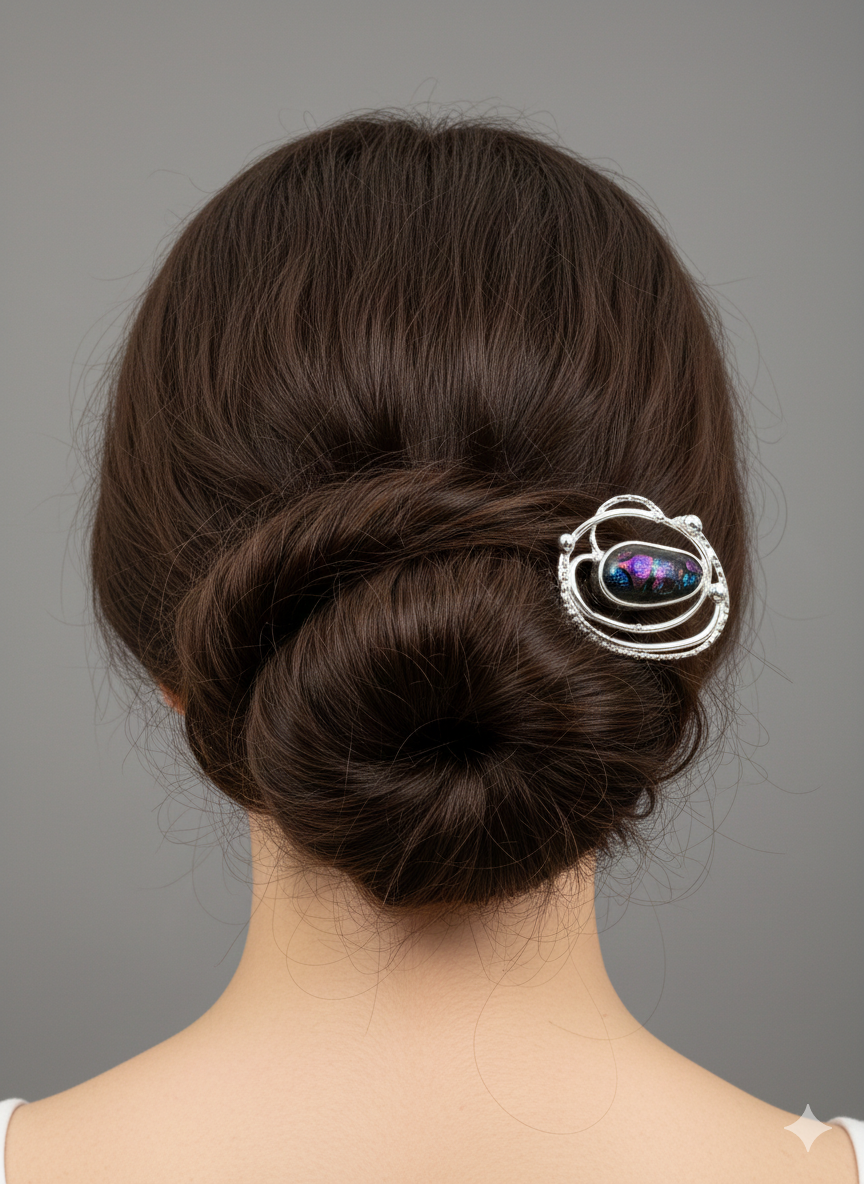 Small hair screw, silver plated with handmade dichroic glass