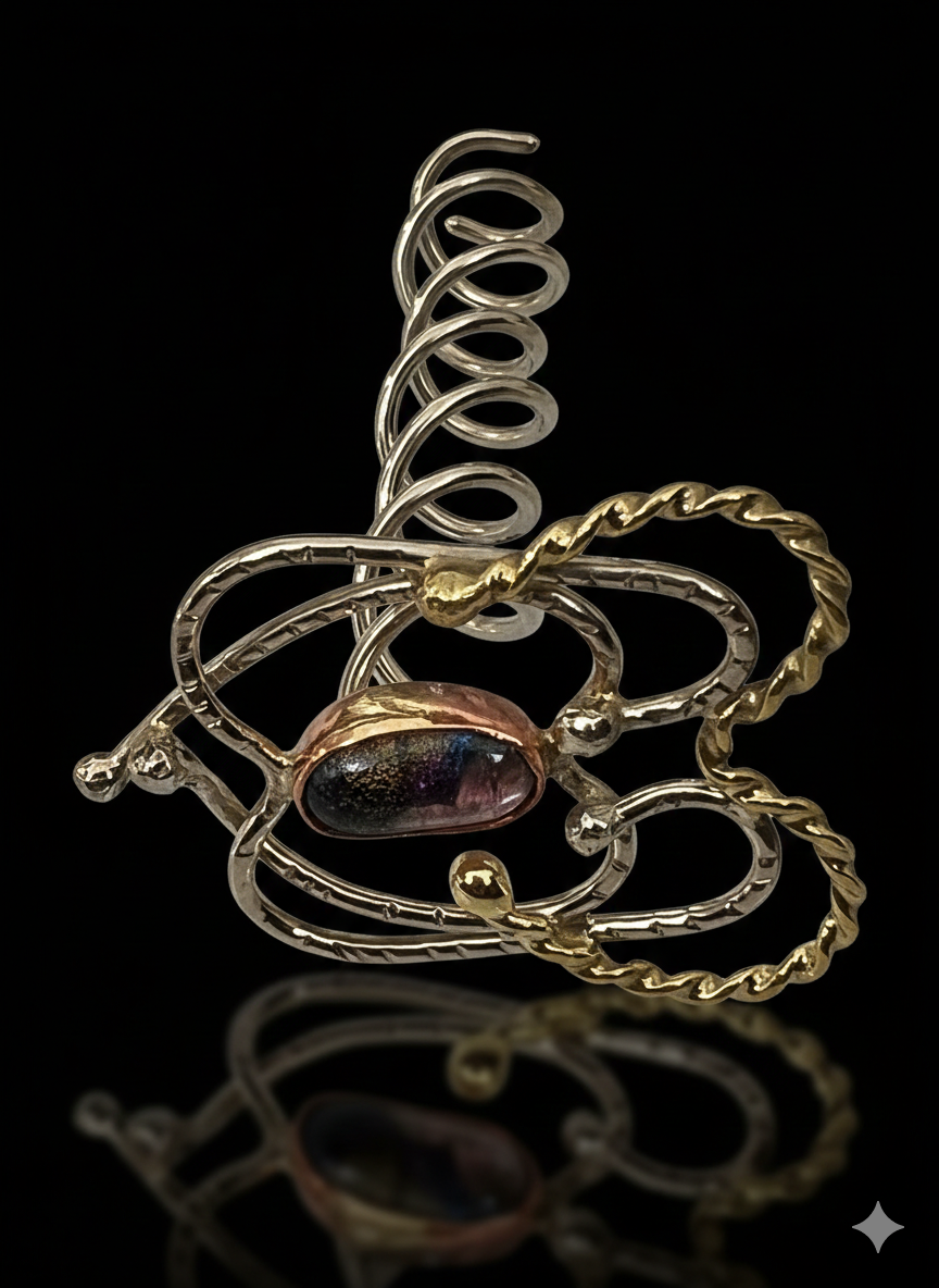 Small hair screw, mixed metals with handmade dichroic glass