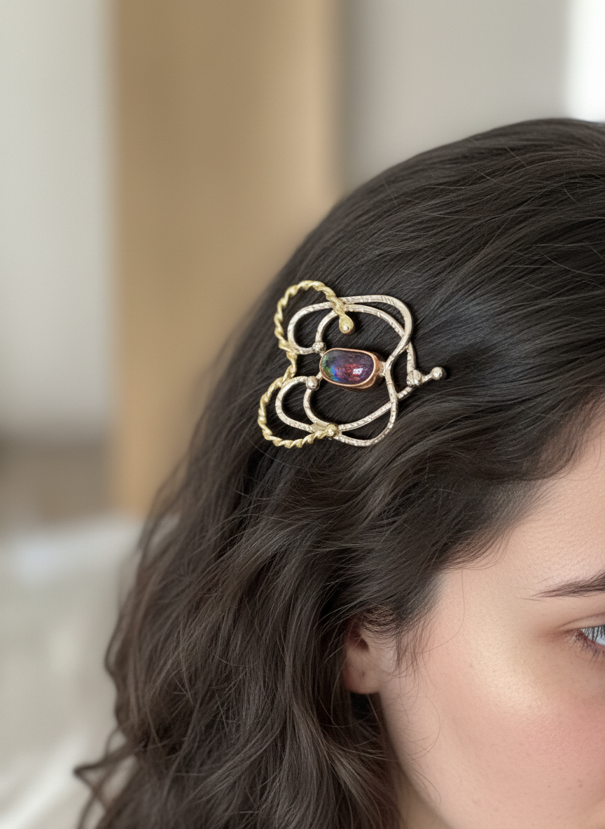 Small hair screw, mixed metals with handmade dichroic glass