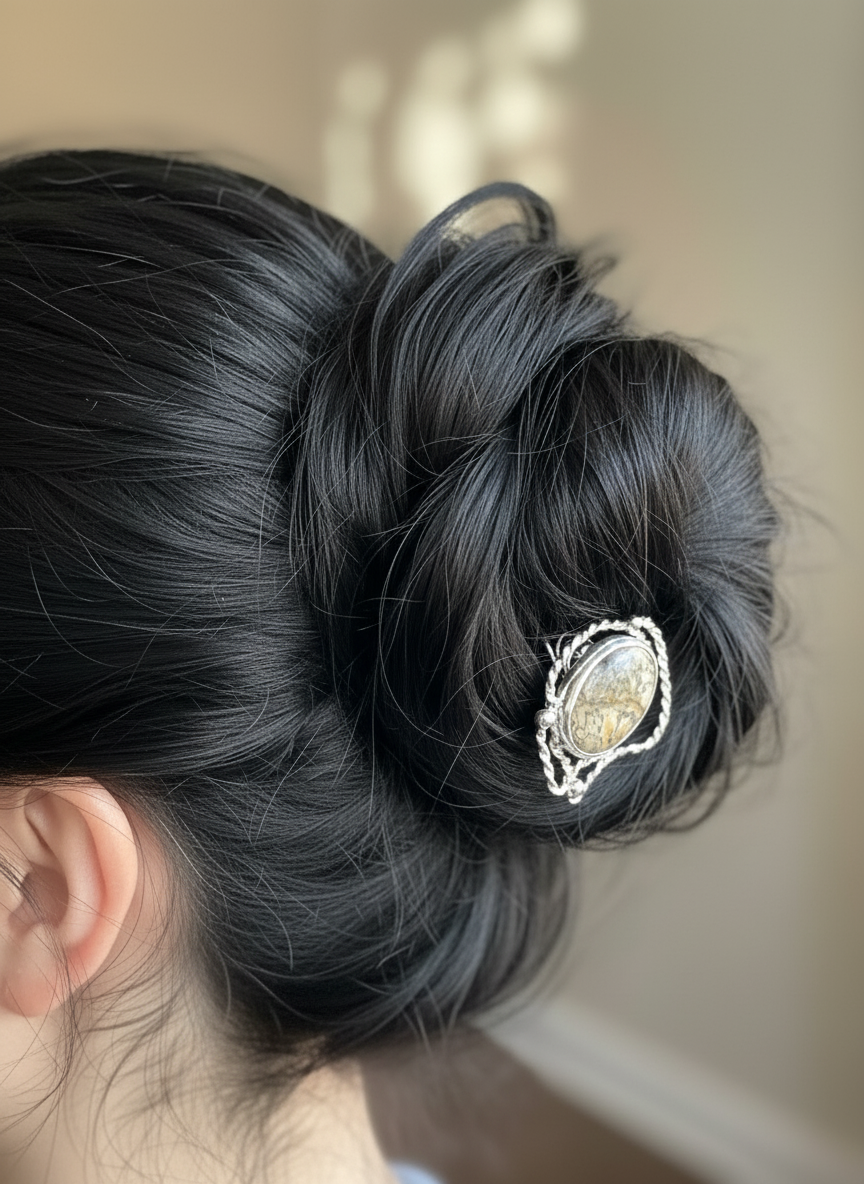 Small hair screw, silver plated with jasper stone