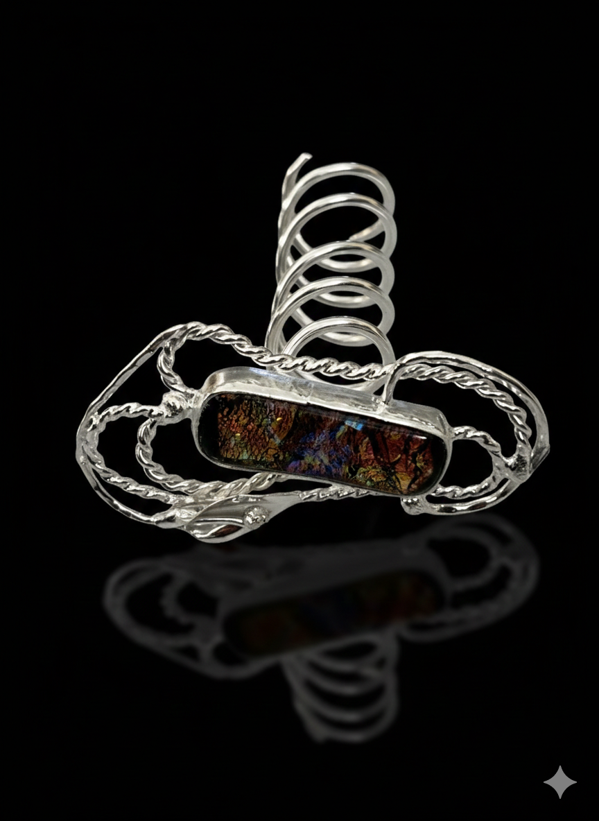 Large hair screw, silver plated with handmade dichroic glass