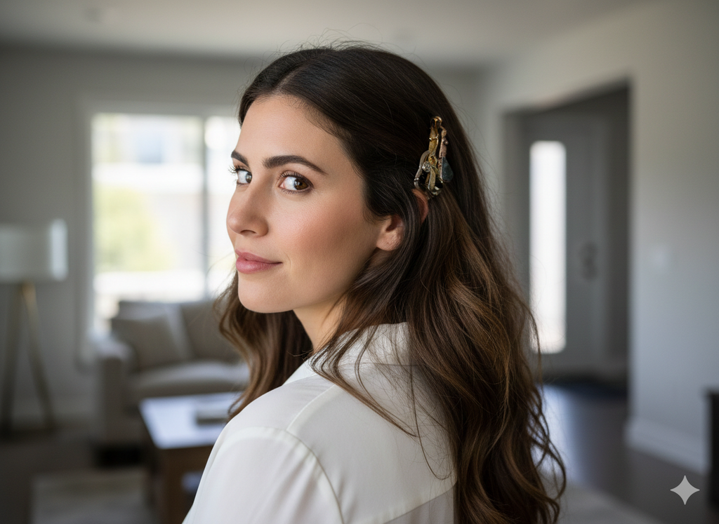Large hair barrette, mixed metals with labradorite stone