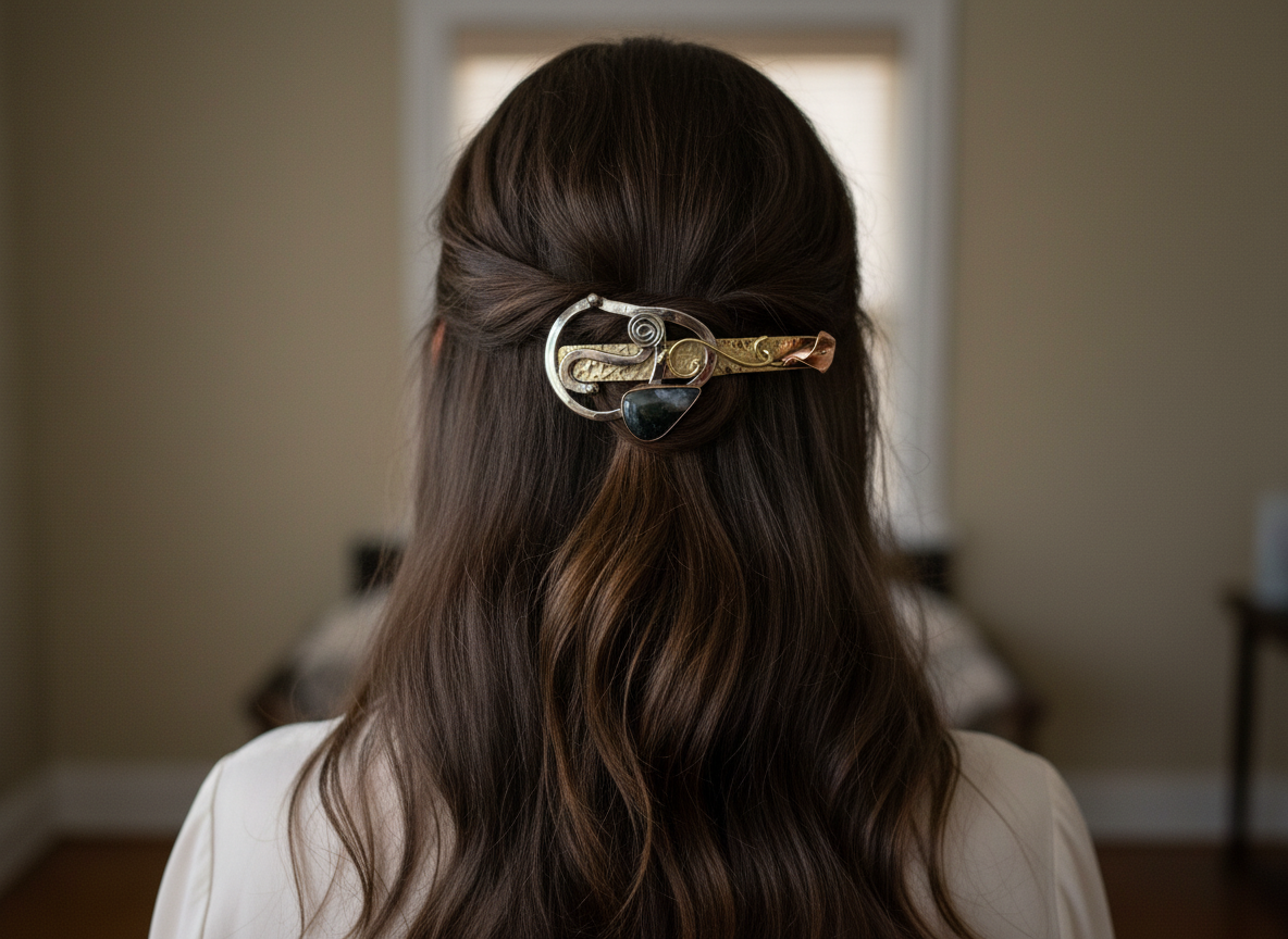 Large Barrette, mixed metals with moss agate stone