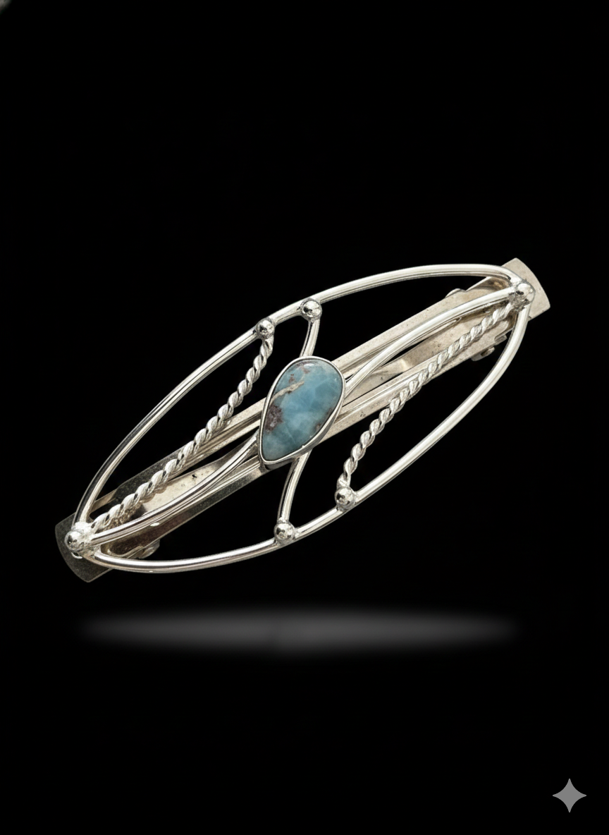 Large barrette, silver plated with larimar stone