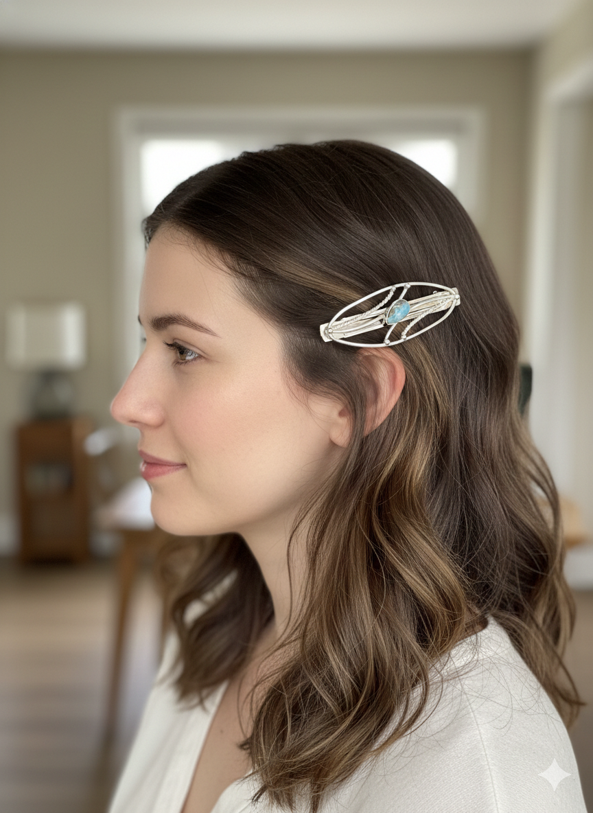 Large barrette, silver plated with larimar stone