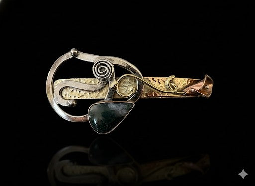 Large Barrette, mixed metals with moss agate stone