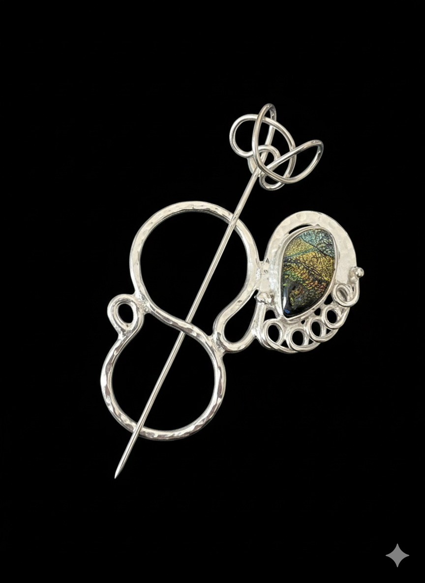 Scarf pin, silver plated with handmade dichroic glass