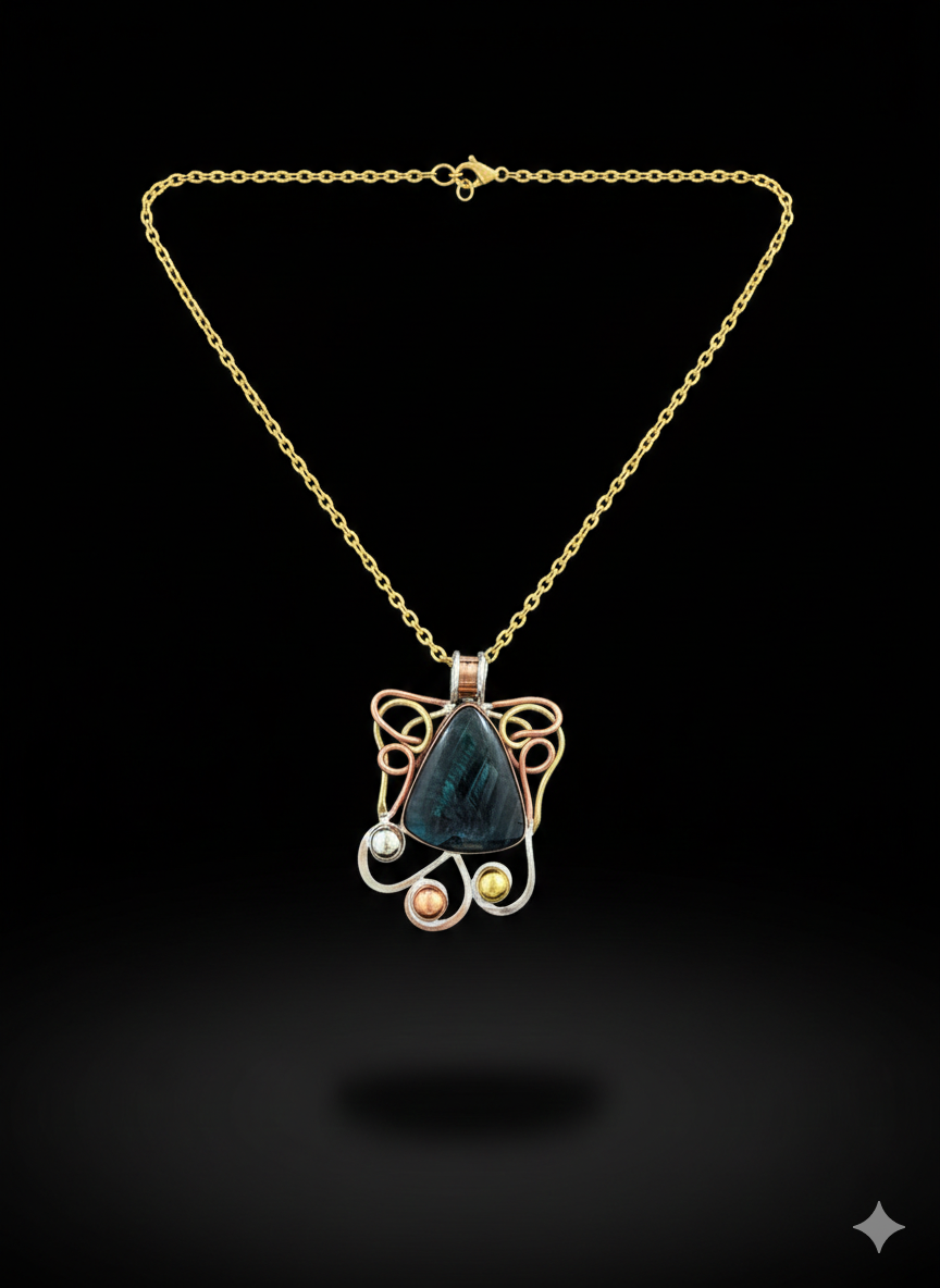 Copper pendant with beautiful large hypersthene stone