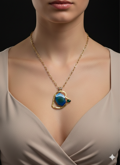 Copper pendant with beautiful large blue/green agate stone and faceted green glass