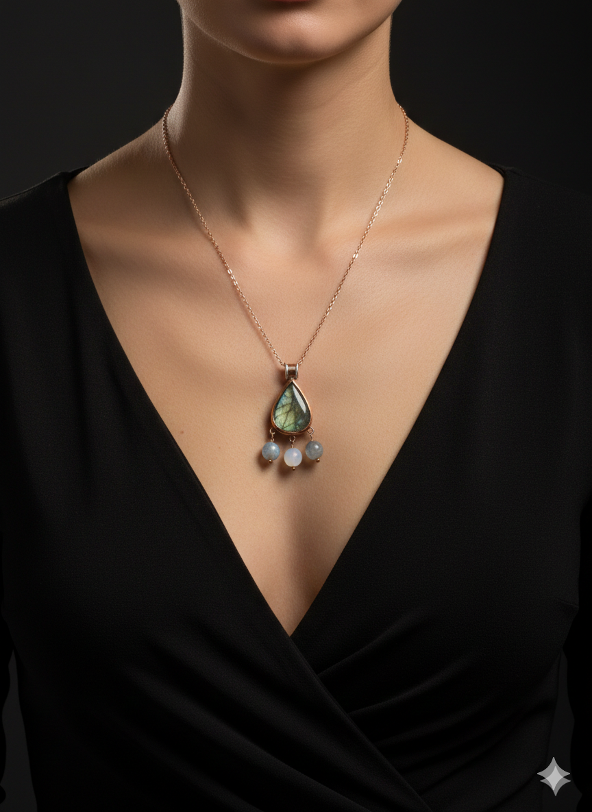 Copper pendant with labradorite and moon stones.