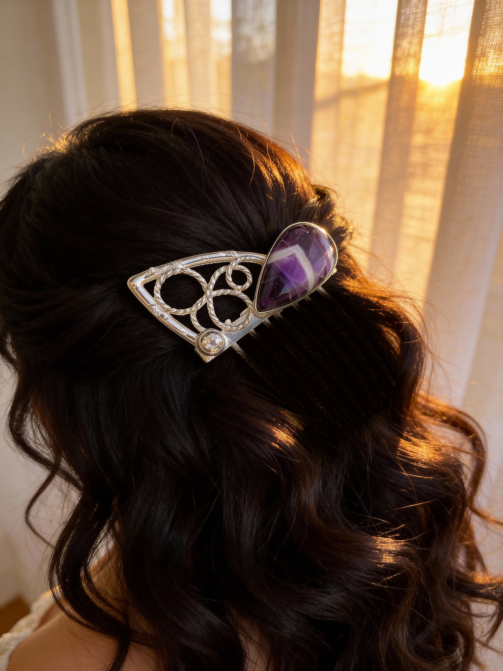 Hair comb silver plated with amethyst stone