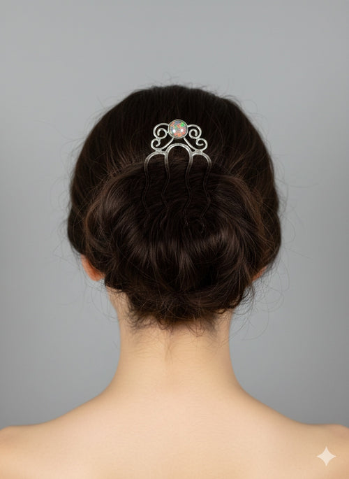 Hair comb in silver plated with simulated opal